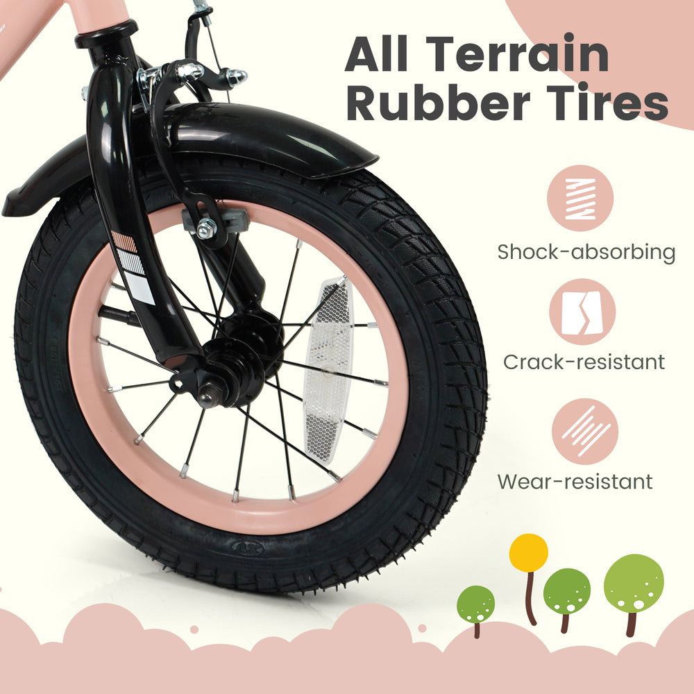 Close-up of the 12-inch kids bike's all-terrain rubber tire, featuring crack-resistant and wear-resistant qualities.