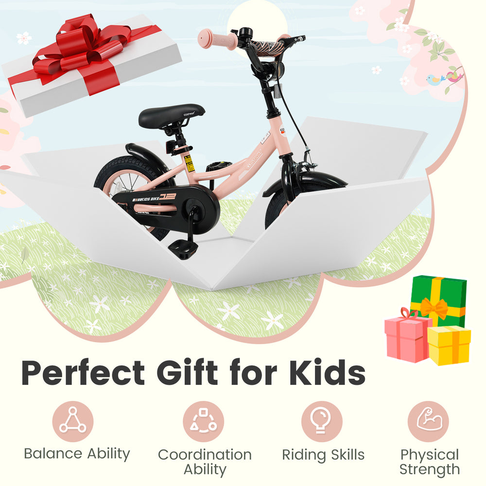 12-inch pink kids bike with adjustable seat, removable training wheels, and dual brakes for ages 3-8, promoting balance.