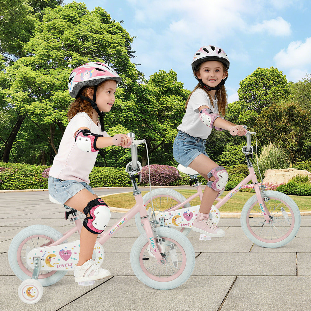 Two kids riding a pink 12-inch bike with training wheels, featuring adjustable seat and handlebars for ages 3-8.