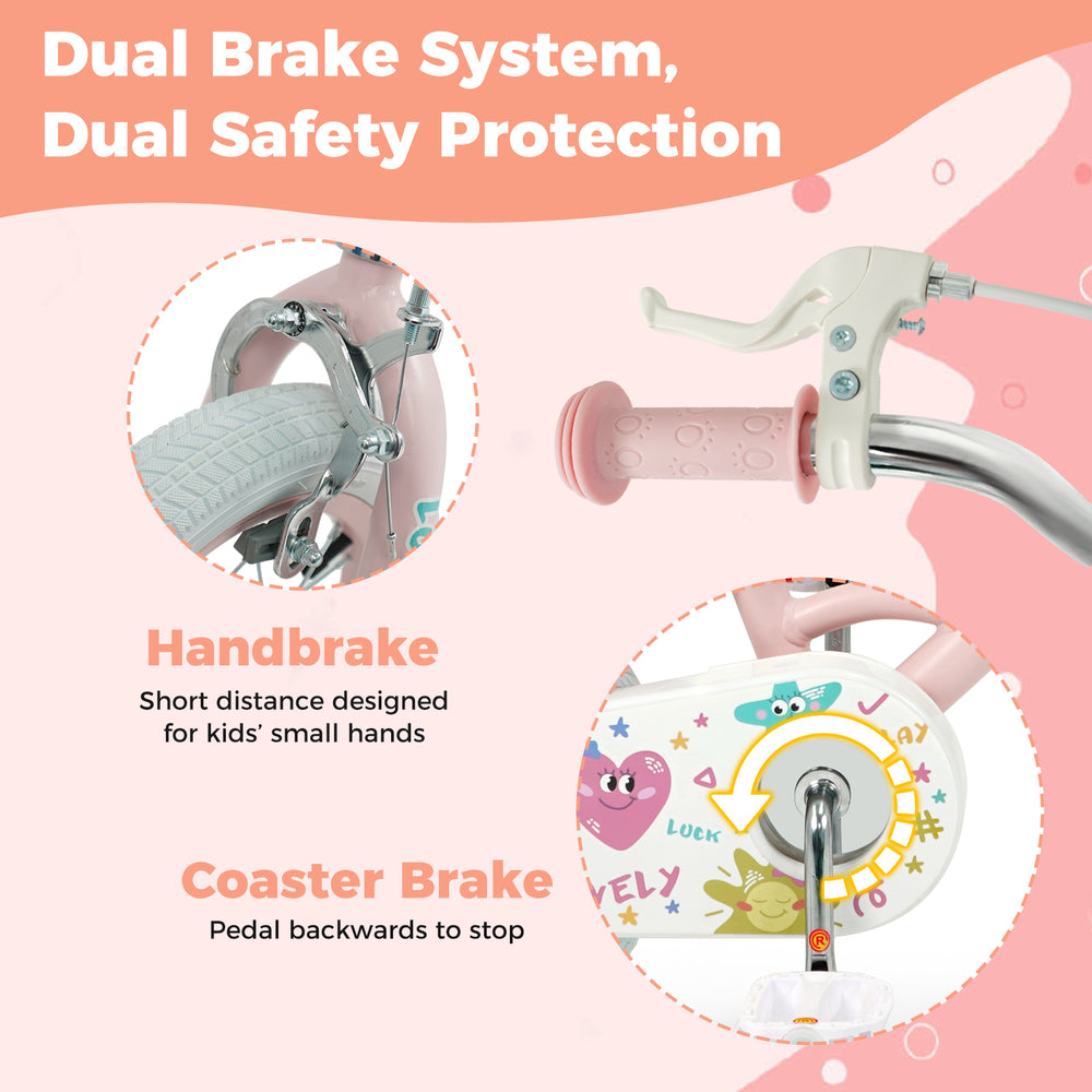 Close-up of the dual brake system on a pink 12-inch kids bike, featuring a handbrake and coaster brake for safety.