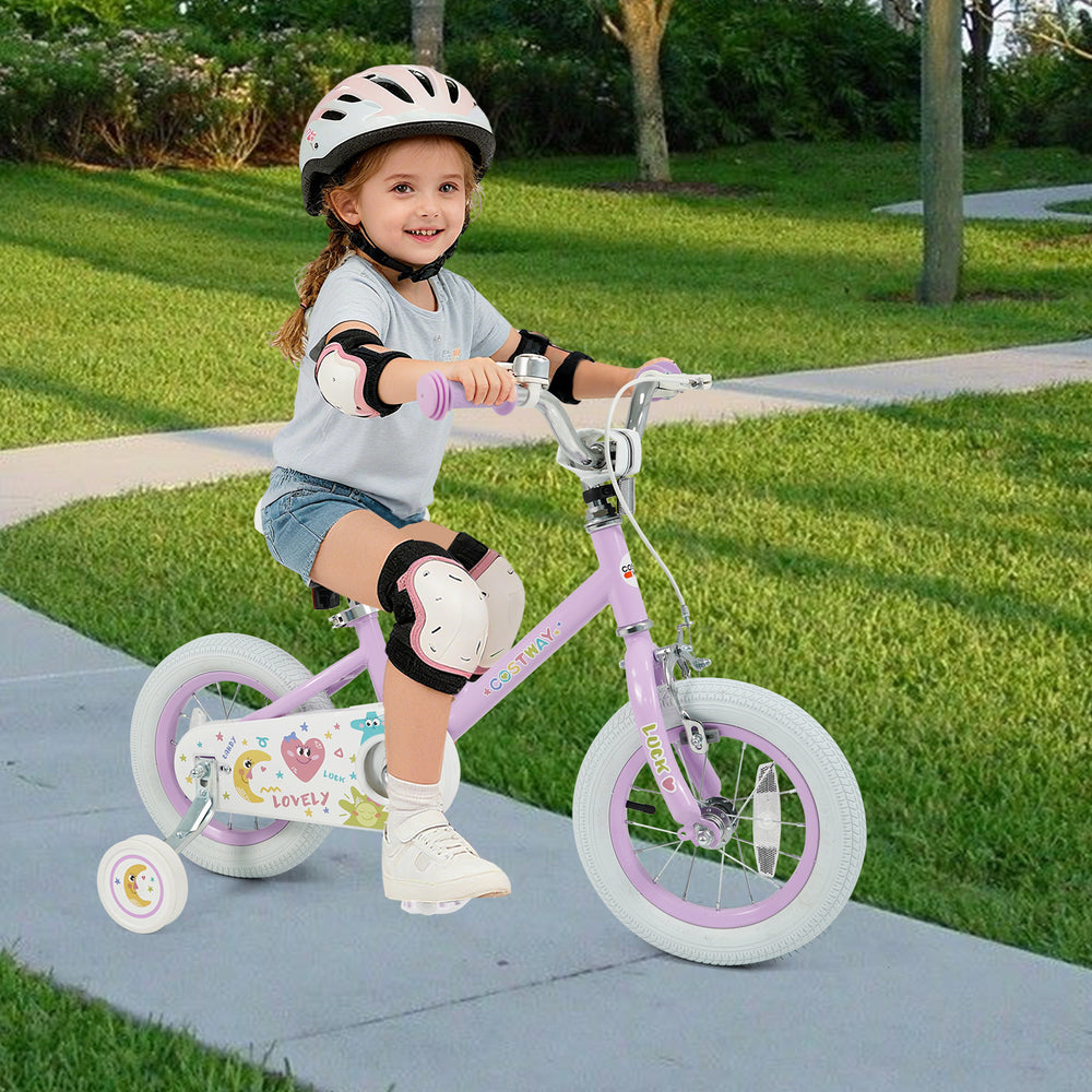 12-inch purple kids bike with adjustable seat, training wheels, and safety features for children aged 3-8 years.