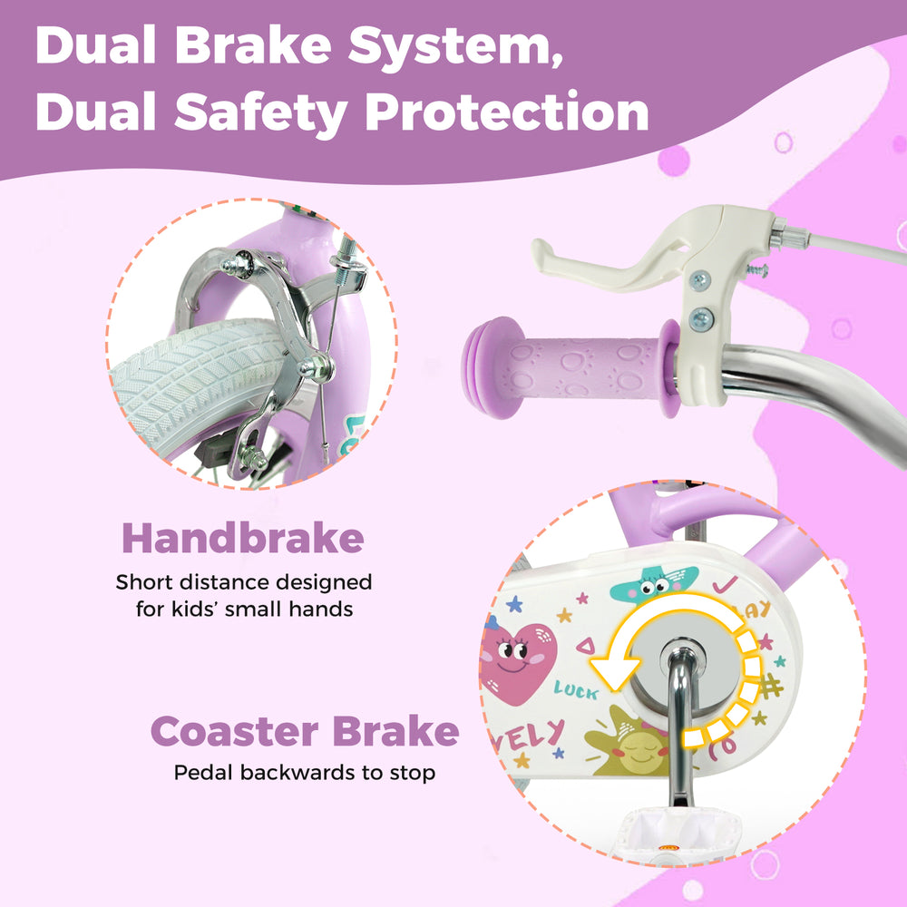 Close-up of the 12-inch kids bike's dual brake system, featuring a handbrake and coaster brake for safe riding.