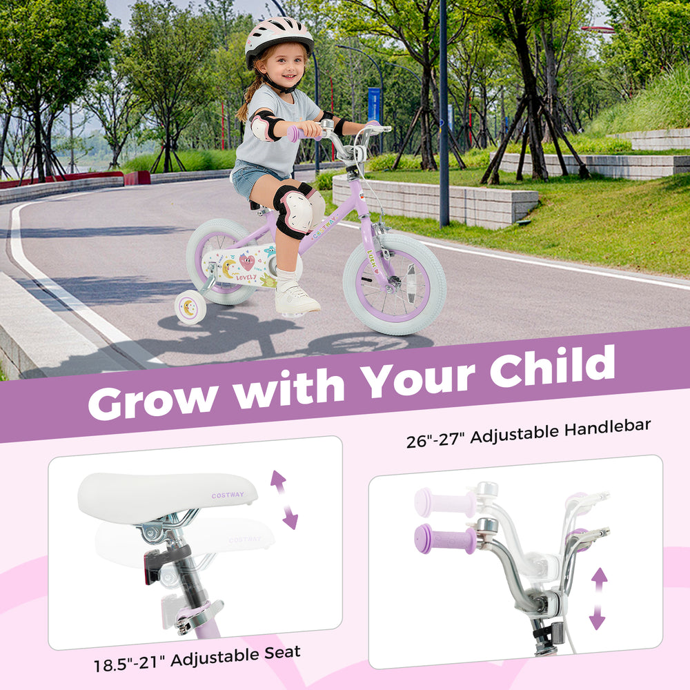 12-inch purple kids bike with adjustable seat and handlebars, designed for children aged 3-8, featuring training wheels.
