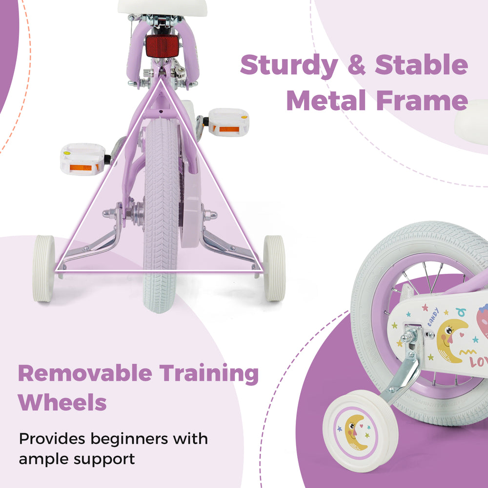 12-inch kids bike in purple with removable training wheels and sturdy metal frame, perfect for beginners aged 3-8 years.