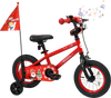 Side view of a 12-inch kids bike with a festive Christmas design, adjustable seat, and safety flag for ages 3-5 years.