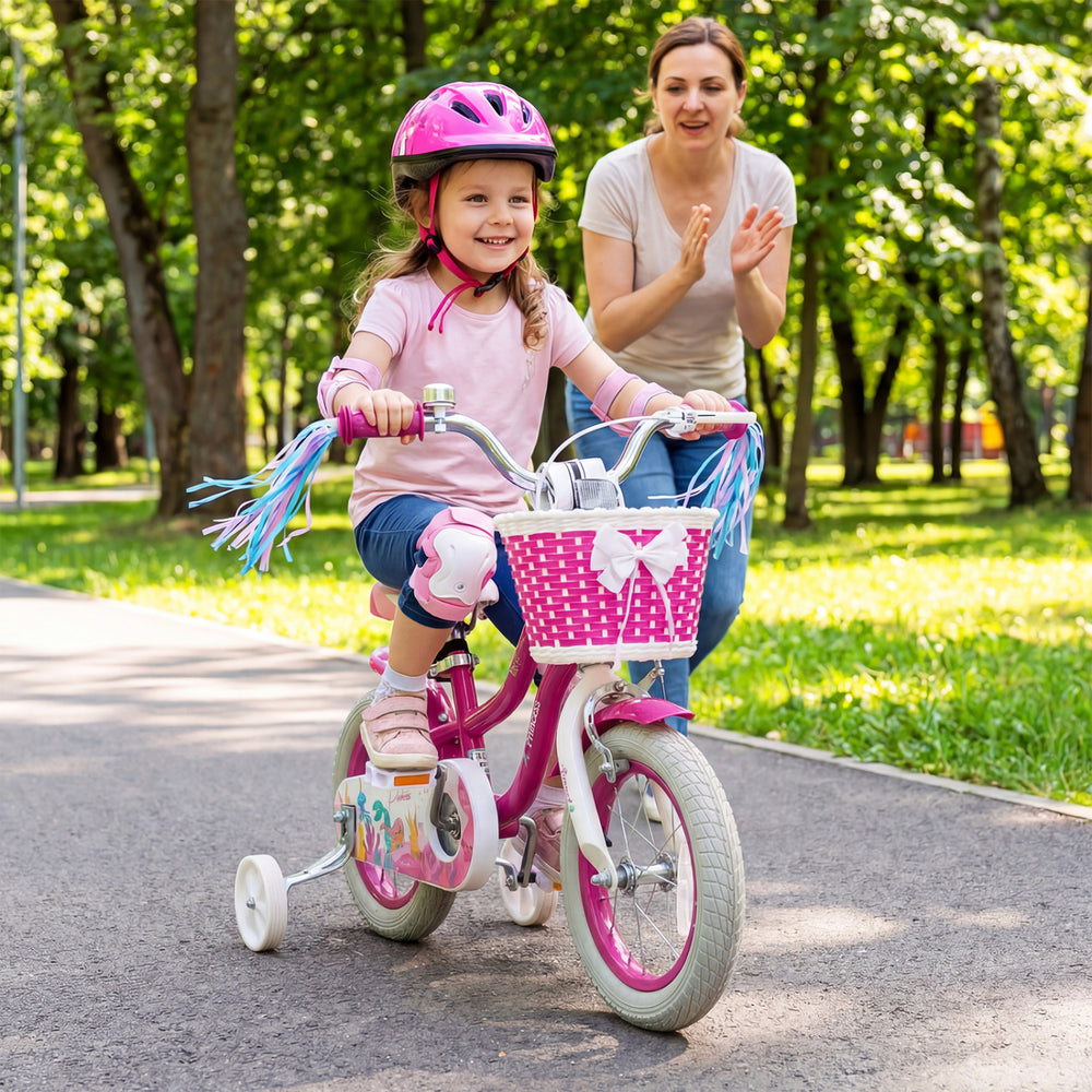12-inch kids bike in rose red with basket and streamers, featuring adjustable seat and training wheels for safe riding.