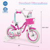 12-inch kids bike in rose red with adjustable seat, basket, and streamers, perfect for young riders' fun and safety.
