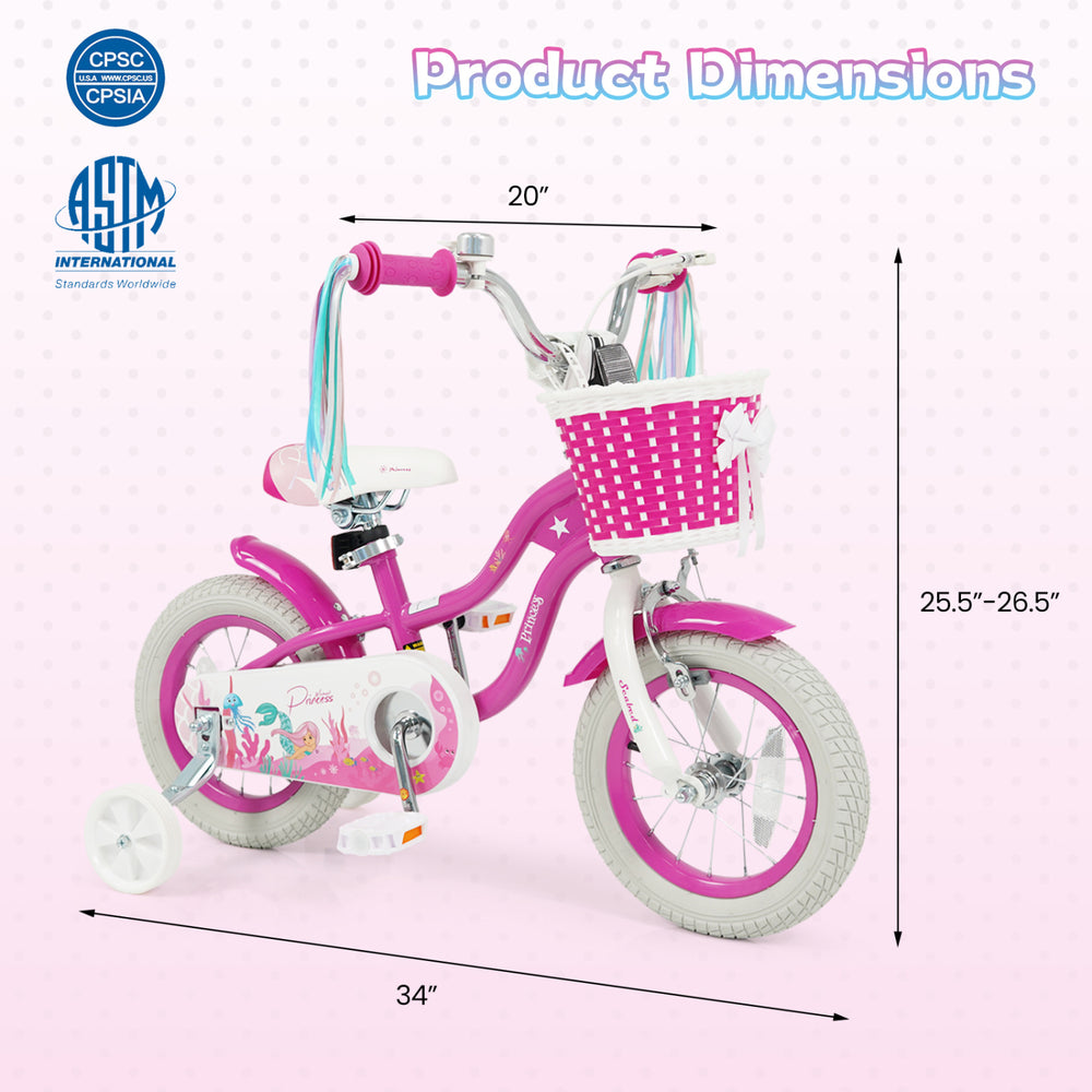 12-inch kids bike in rose red with adjustable seat, basket, and streamers, perfect for young riders' fun and safety.