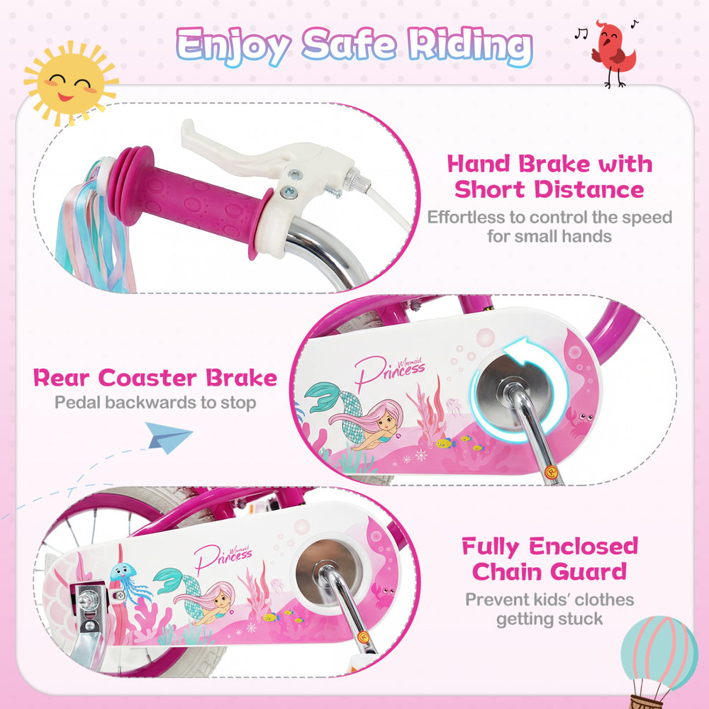12-inch kids bike in rose red with princess mermaid theme, featuring adjustable seat, hand brake, and training wheels.