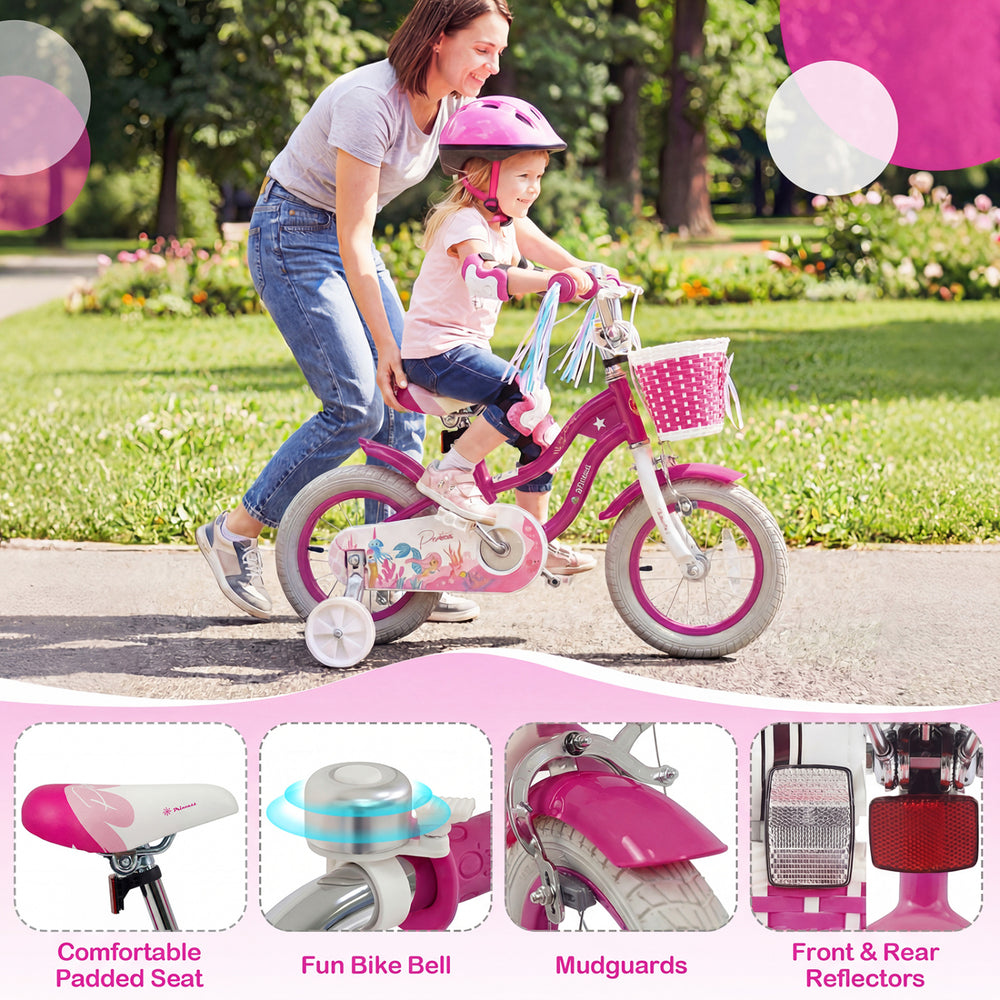 12-inch kids bike in rose red with adjustable seat, training wheels, basket, and streamers for fun outdoor rides.
