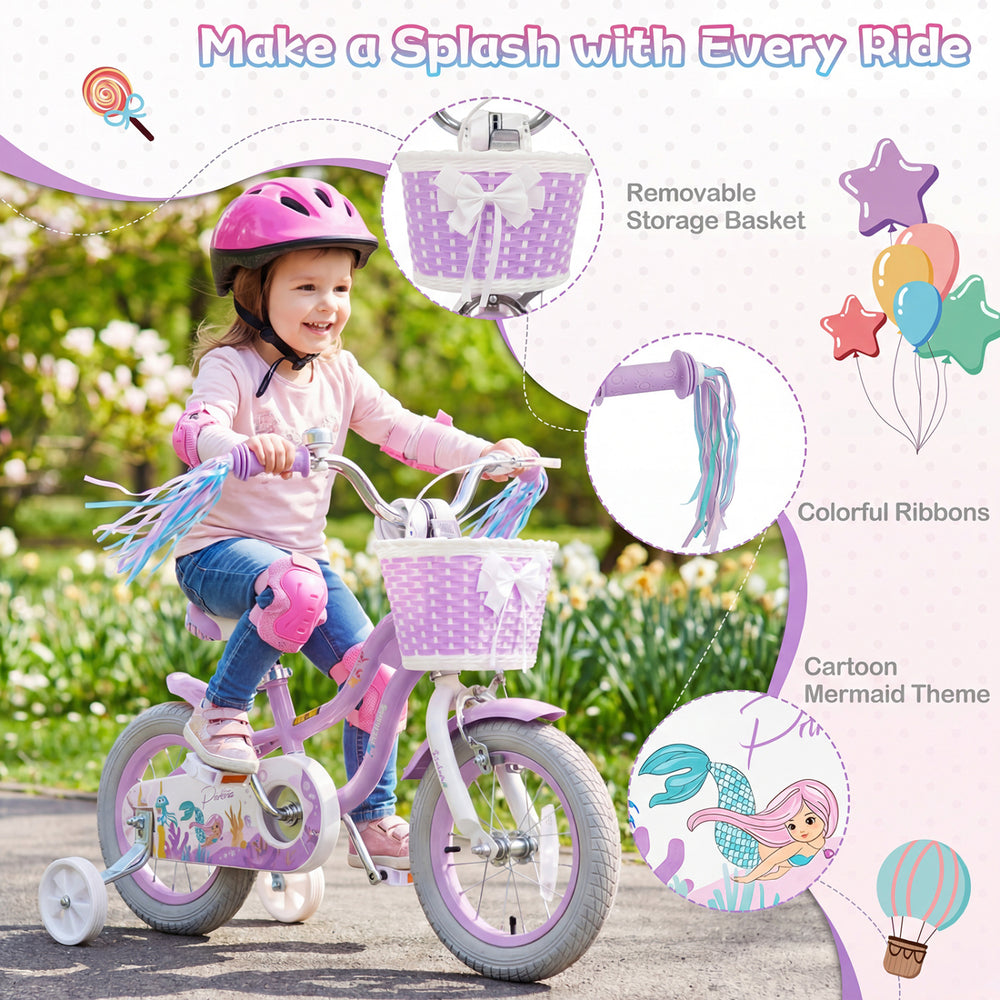12-inch kids bike in purple with a princess of the sea theme, featuring a removable basket and colorful streamers.