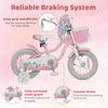 12-inch pink kids bike with adjustable seat, training wheels, and basket, designed for girls aged 3-4 years.
