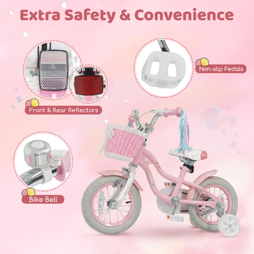 Pink 12-inch kids bike with adjustable seat, front and rear reflectors, and a detachable basket for girls aged 3-4.