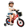 Red 12-inch kids bike with training wheels, hand brake, and adjustable seat, perfect for children aged 3-4 years.