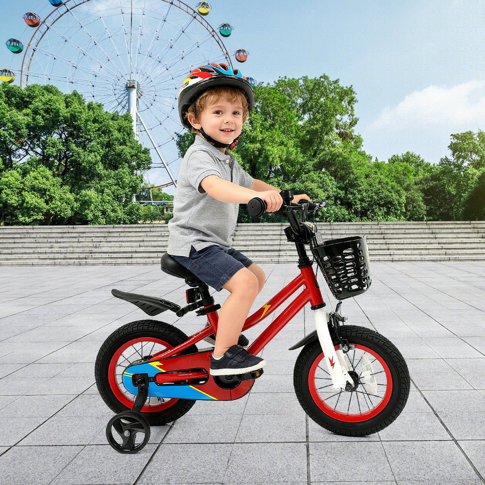 12-inch red kids bike with training wheels, hand brake, and adjustable seat for children aged 3-4 years, perfect for.