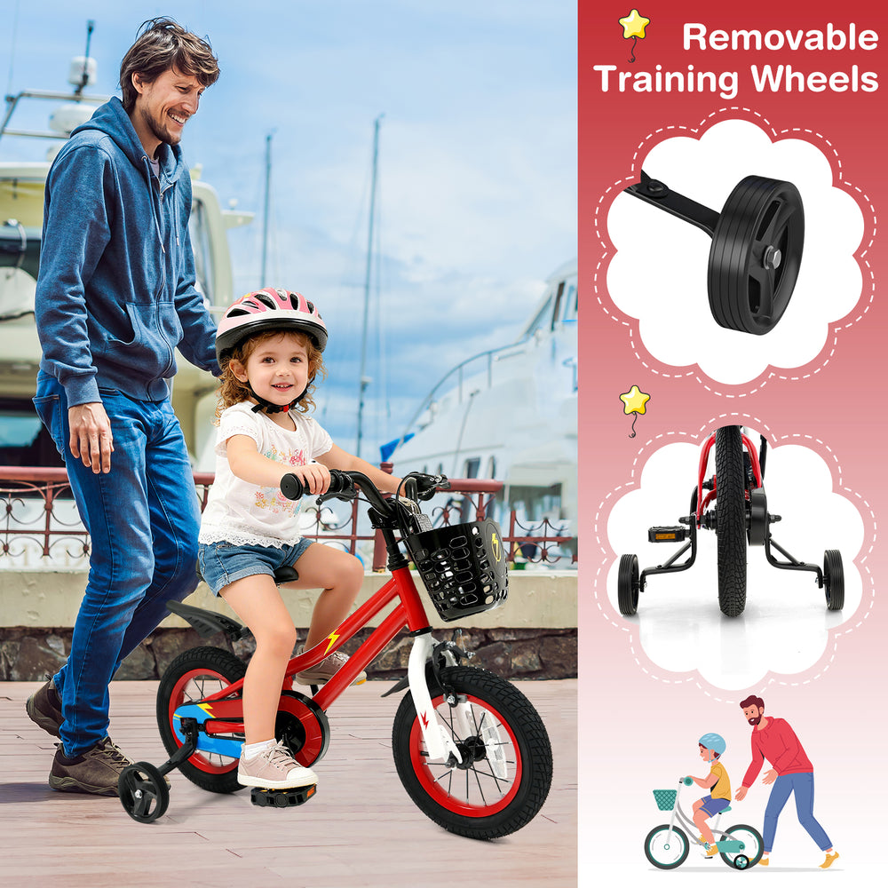 Kids bike with removable training wheels, red color, designed for ages 3-4, featuring hand brake and adjustable saddle.