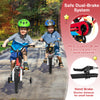 Kids riding the 12-inch red bicycle with training wheels, featuring a dual-brake system for safe stopping.