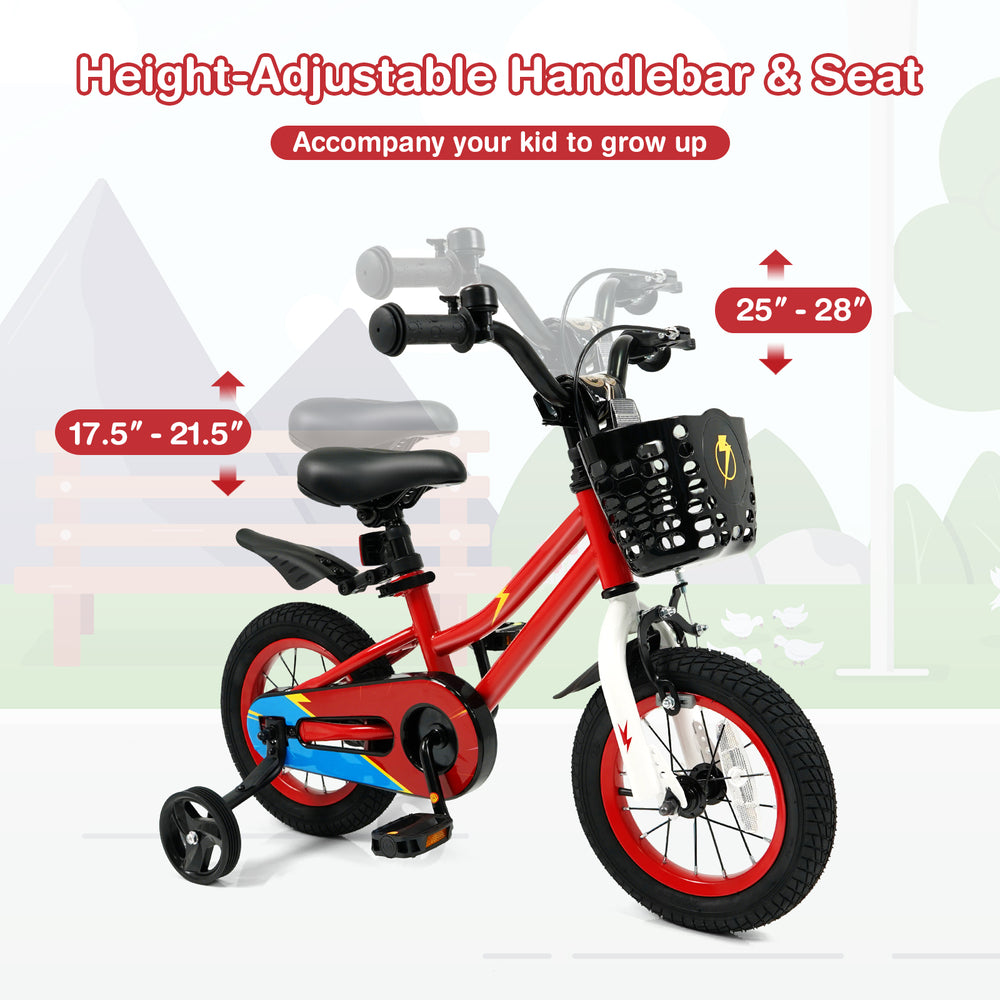 12-inch red kids bike with training wheels, adjustable seat and handlebars, designed for children aged 3-4 years.