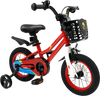 12-inch red kids bike with training wheels, hand brake, and enclosed chain guard for children aged 3-4 years.