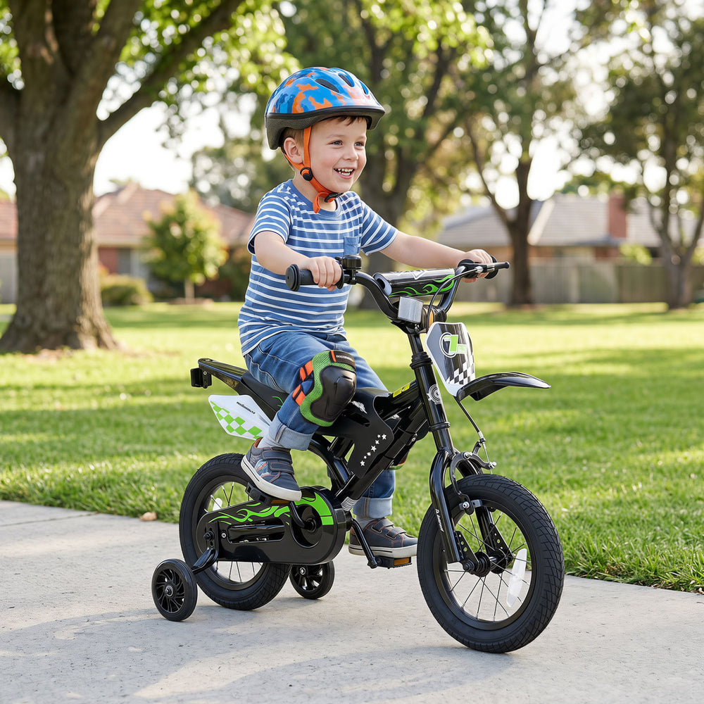 Kids' 12-inch black bike with race styling, adjustable handlebar, training wheels, and pneumatic tires for ages 3-4.