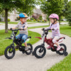 Two children ride 12-inch motorcycle-inspired bikes with training wheels, designed for ages 3-4 years in black and red.