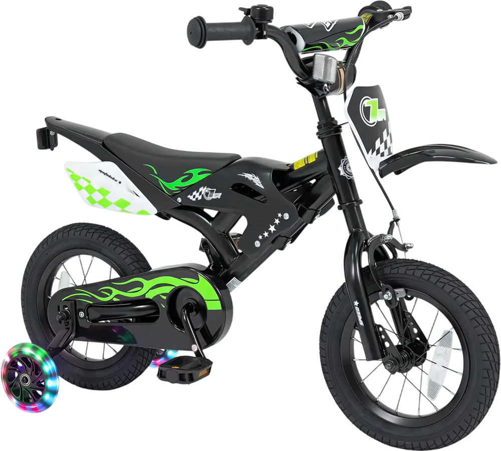 Kids' 12-inch black bike with race styling, adjustable handlebar, training wheels, and pneumatic tires for ages 3-4.
