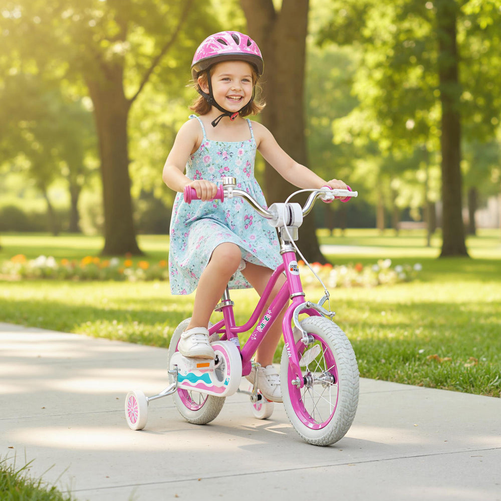 12-inch pink kids bike with adjustable handlebar and training wheels, perfect for ages 3-8 for safe outdoor riding.
