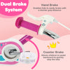 Close-up of the dual brake system on a pink 12-inch kids bike, featuring hand and coaster brakes for safety.