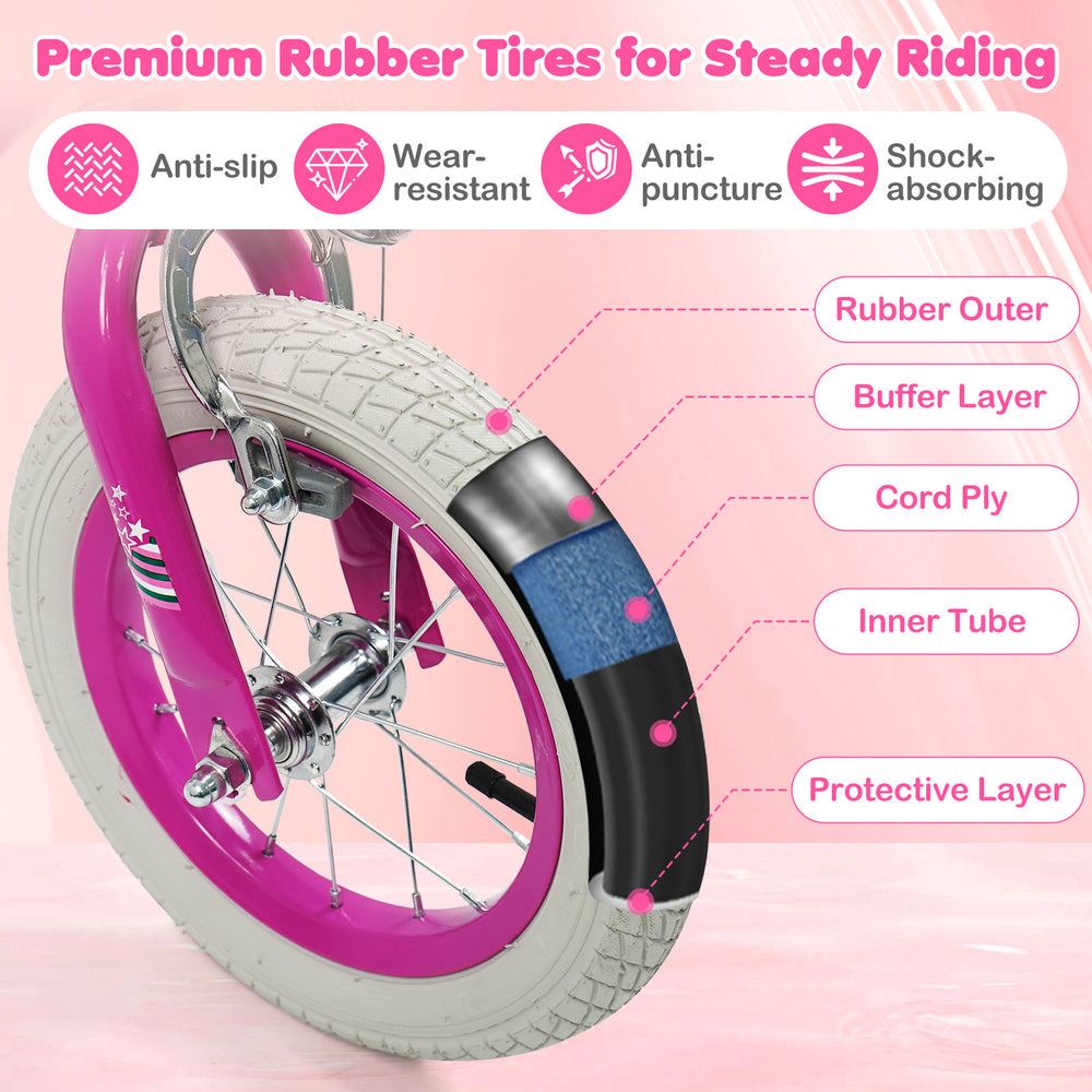 Close-up of premium rubber tire for 12-inch kids bike, featuring anti-slip and anti-puncture design for steady riding.