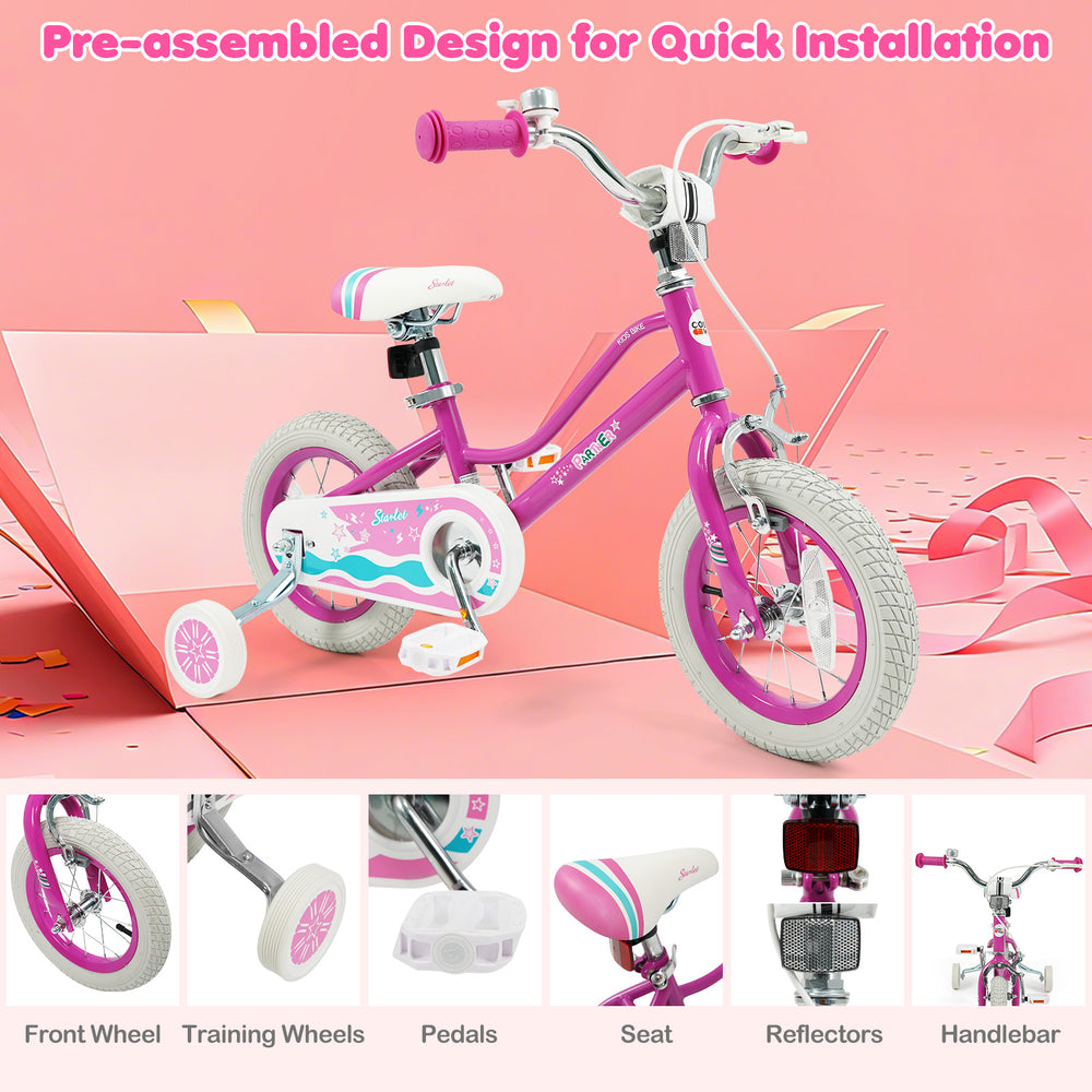 12-inch pink kids bike with adjustable handlebars, training wheels, and hand brake for ages 3-8, designed for safety.