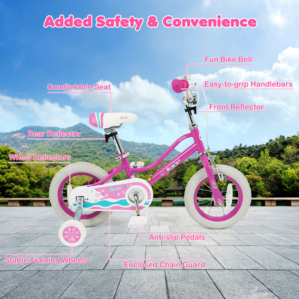 12-inch pink kids bike with adjustable handlebars, training wheels, and comfortable seat for ages 3-8 years old.