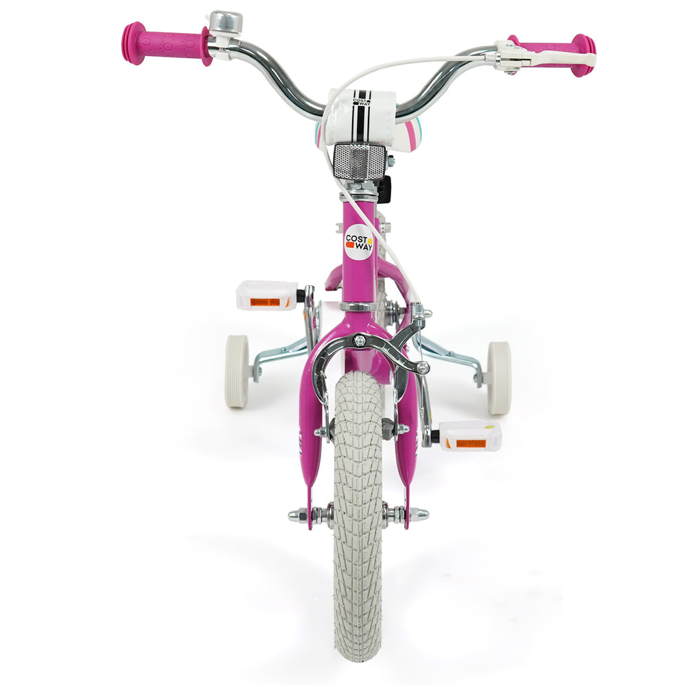 Front view of a pink 12-inch kids bike with adjustable handlebars and training wheels, designed for ages 3-8 years.