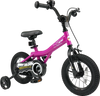 12-inch pink kids bike with removable training wheels, adjustable seat, handbrakes, and enclosed chain guard for safety.