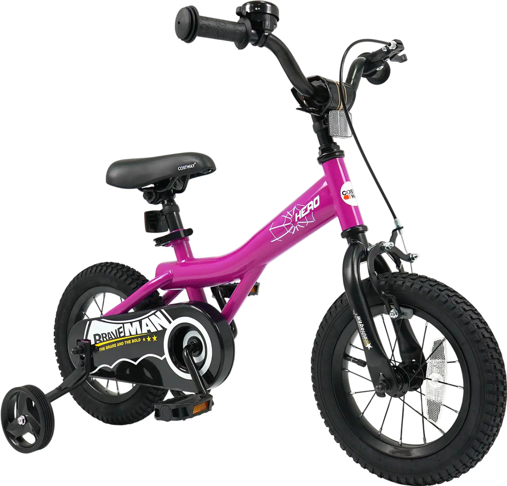12-inch pink kids bike with removable training wheels, adjustable seat, handbrakes, and enclosed chain guard for safety.