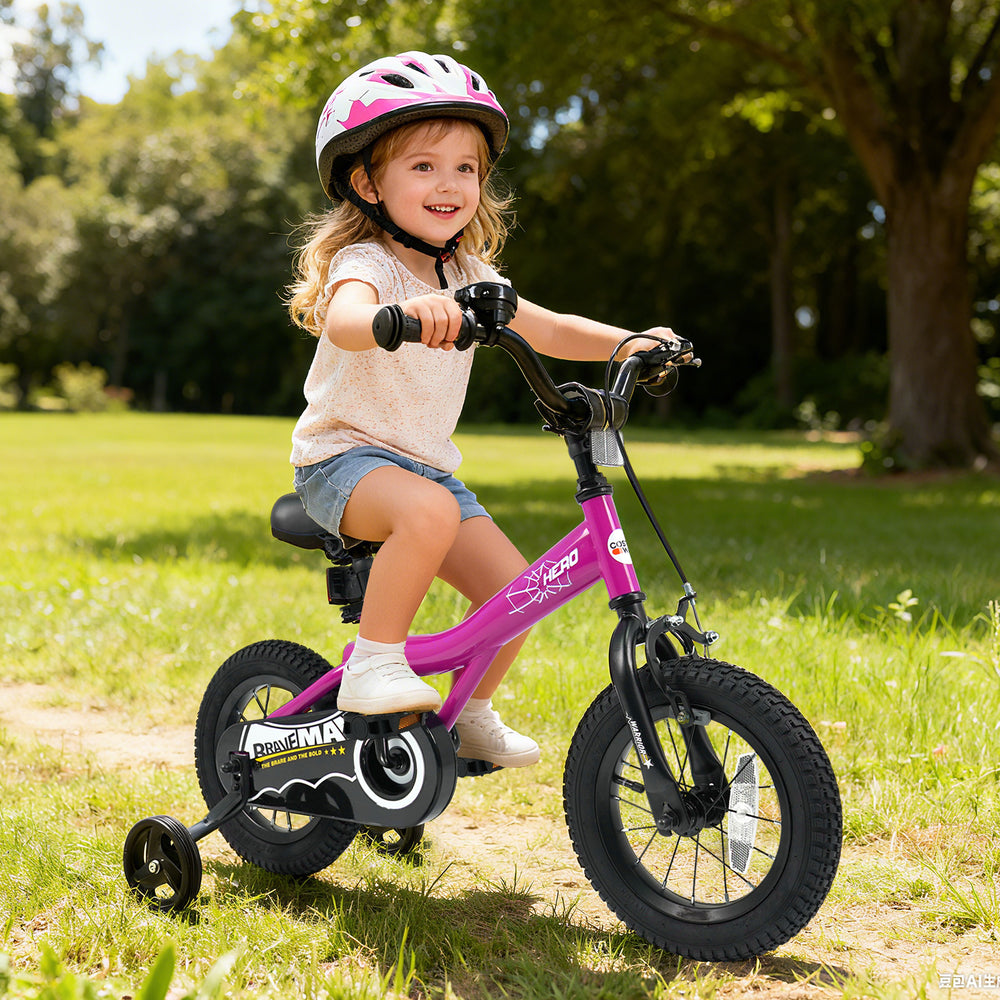 12-inch pink kids bike with removable training wheels, adjustable seat, and handbrakes for safe riding in the park.