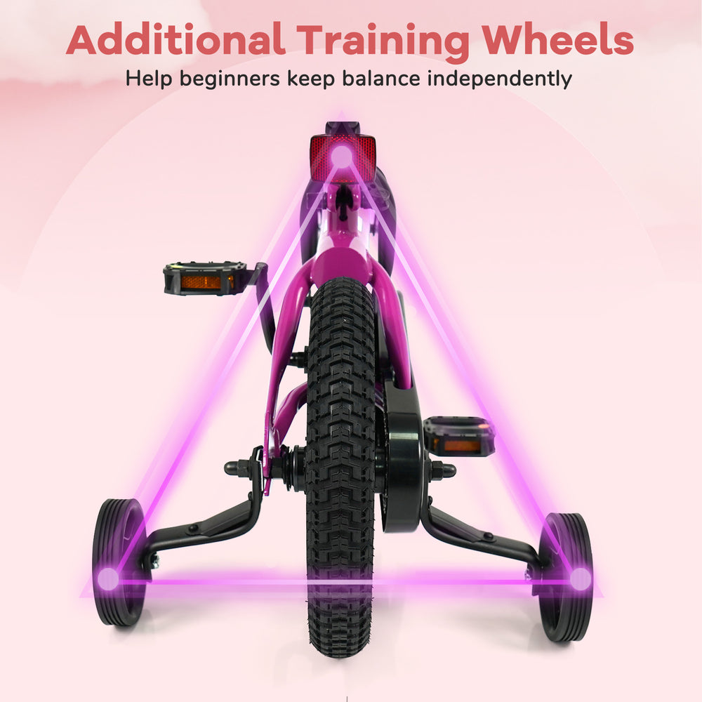 12-inch pink kids bike with removable training wheels, designed for balance and safety, featuring adjustable seat and.
