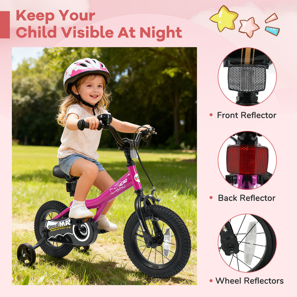 12-inch pink kids bike with removable training wheels, adjustable seat, and front and rear reflectors for safety.