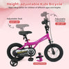 Height-adjustable pink 12-inch kids bike with removable training wheels, soft saddle, and handbrakes for safety.