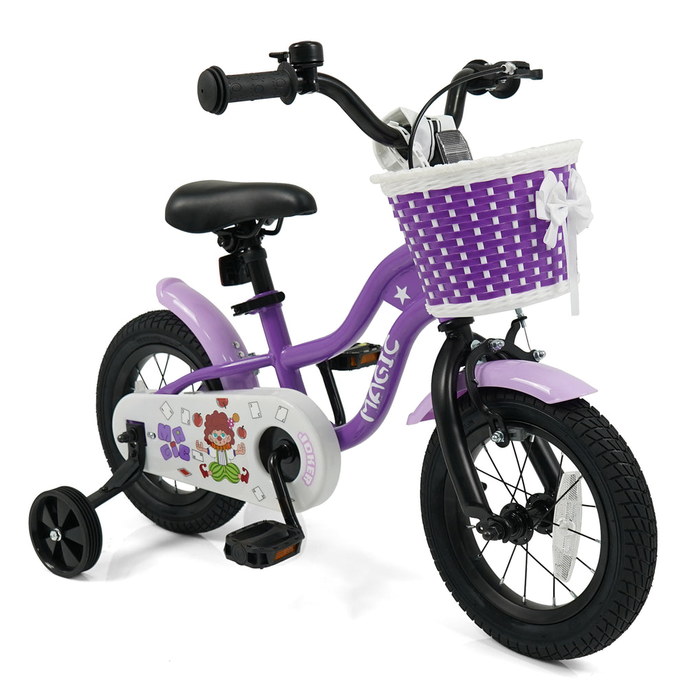 Magic Purple 12-inch kids bike with training wheels, adjustable seat, and removable front basket for ages 3-4.