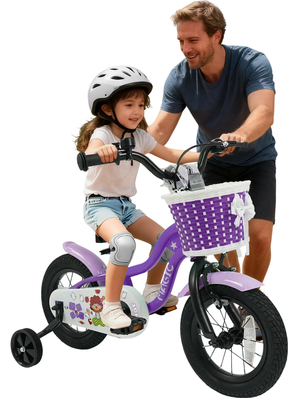 Kids' 12-inch Magic Purple bike with training wheels, adjustable seat, and front basket, perfect for ages 3-4 years.