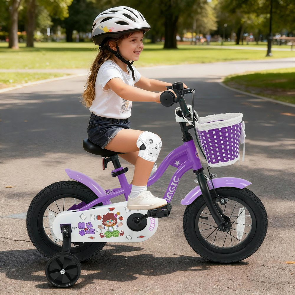 Purple 12-inch kids bike with training wheels, adjustable saddle, and front basket, perfect for ages 3-4 years.