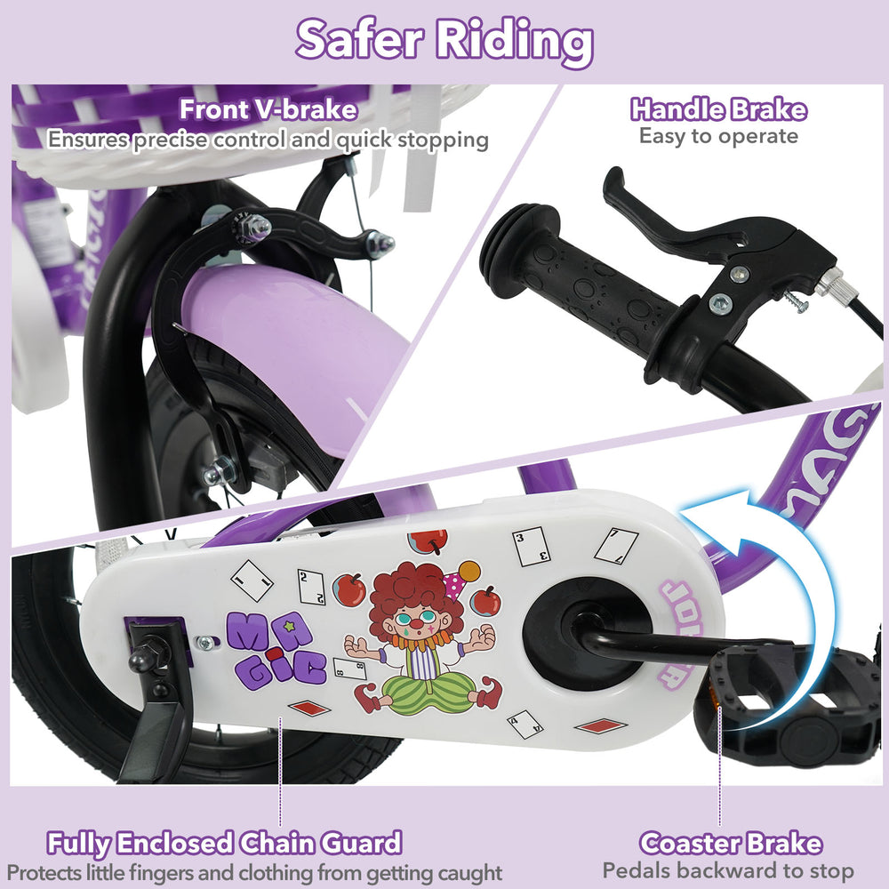 Front V-brake and handle brake on the 12-inch Magic Purple kids bike for safe and confident riding.