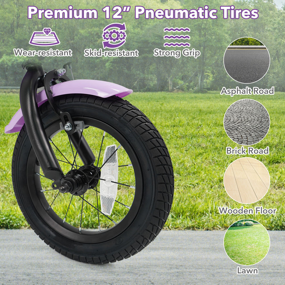 Close-up of the 12-inch pneumatic tire on a kids bike, featuring wear-resistant and skid-resistant design for various.