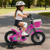 Pink 12-inch kids bike with training wheels, adjustable saddle, and front basket, perfect for ages 3-4 years old.