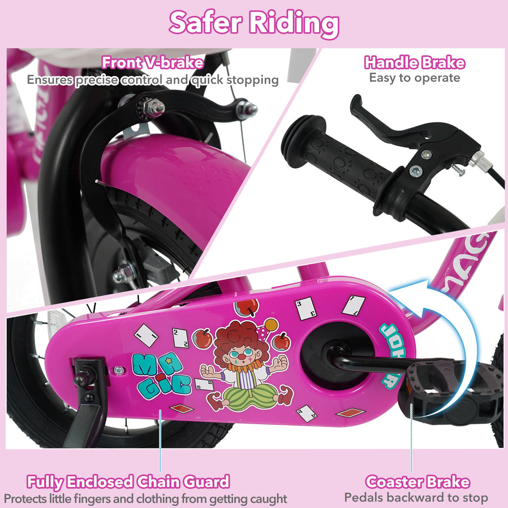 Close-up of the pink 12-inch kids bike's handle brake and enclosed chain guard for safe riding and easy control.