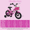 Kids bike size chart for the 12-inch Magic Rose model, suitable for ages 3-4 years, showing measurements and weight.