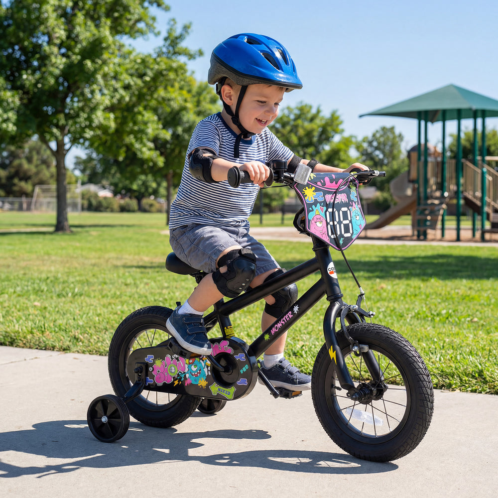 12-inch kids bike with training wheels, black with street art design, perfect for ages 3-4, ideal for outdoor fun.