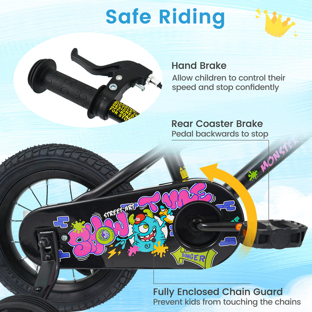 12-inch kids bike with training wheels, hand brake, rear coaster brake, and chain guard for safe outdoor riding.