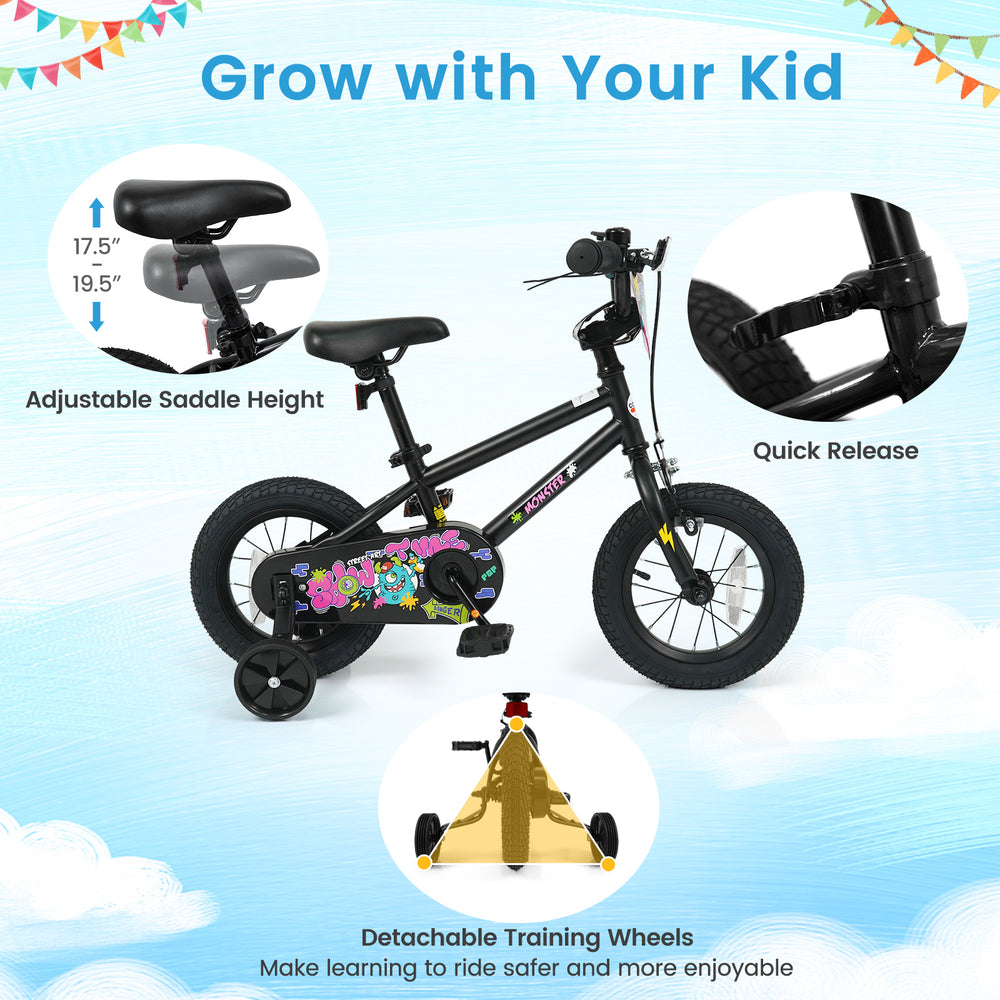 12-inch kids bike with adjustable seat, detachable training wheels, and bright monster graphics for ages 3-4.