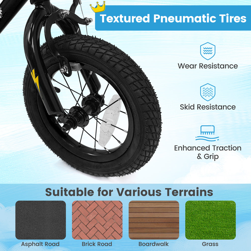 Textured pneumatic tires on a 12-inch kids bike, offering excellent traction and wear resistance for various terrains.